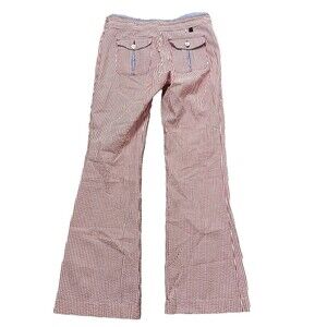 WORLD Designer Flare Pants 6 Seersucker Red White Stripe Flap Pocket 100% Cotton